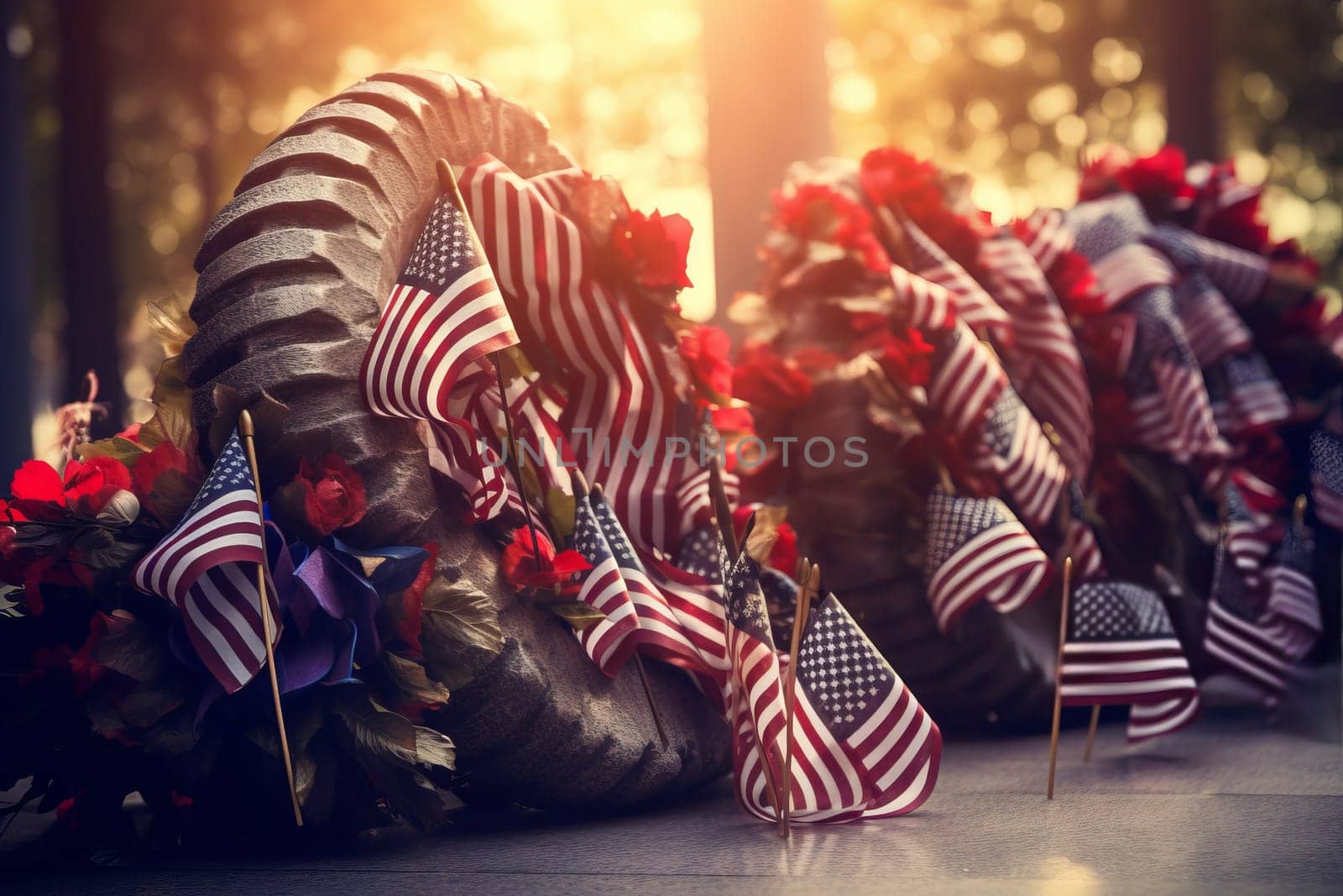 A Patriot Day memorial adorned with wreaths. Generative AI