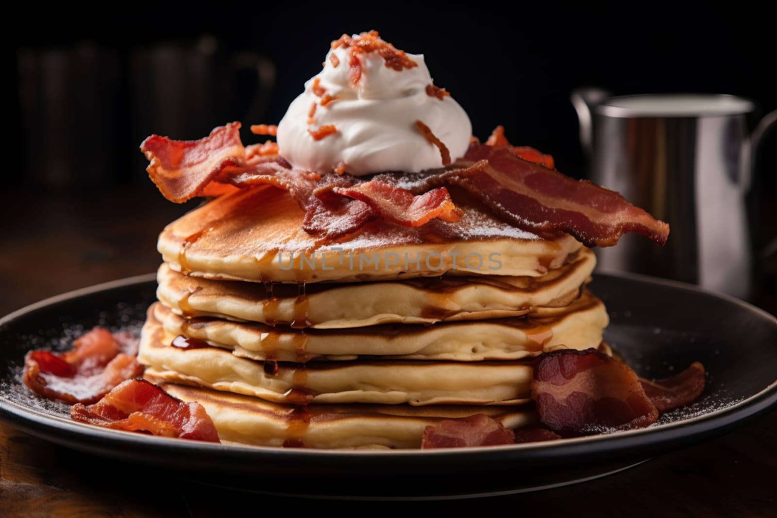 Fluffy pancakes topped with bacon and whipped cream. Generative AI