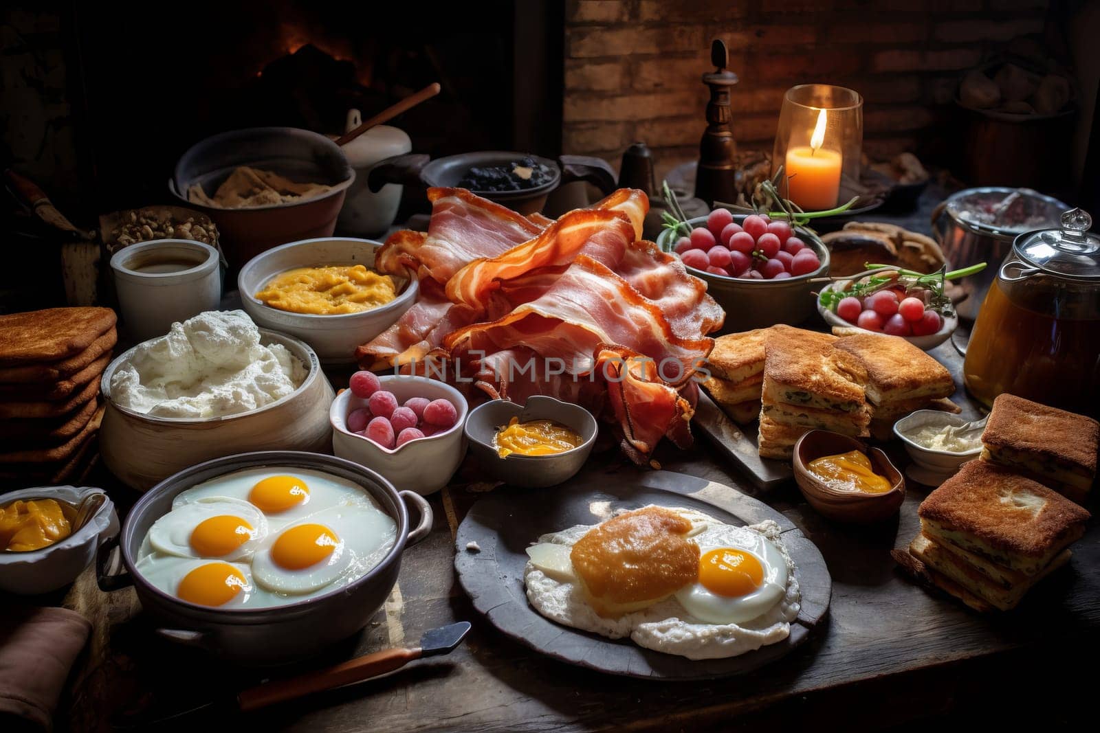 Brunch spread with bacon, eggs, and freshly baked pastries. Generative AI