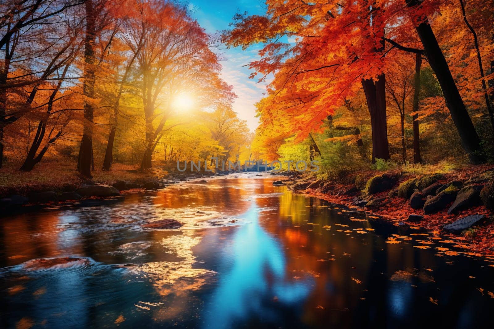 Tranquil River Reflecting Autumn Foliage. Generative AI