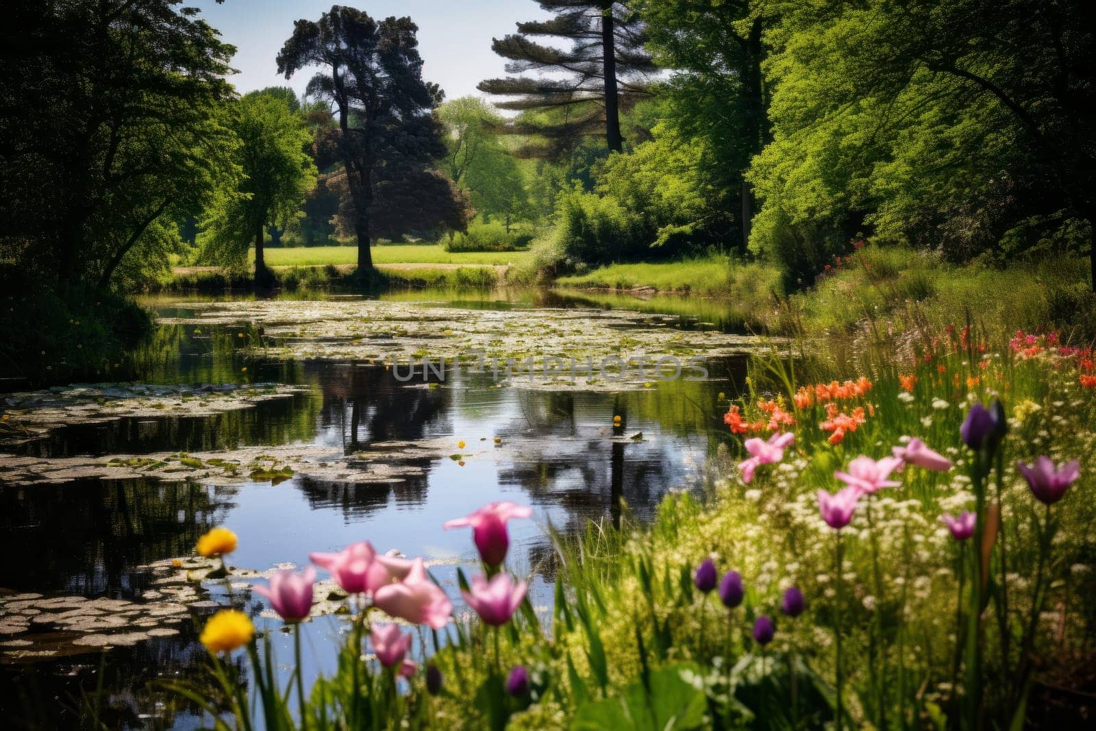 Serene Pond Amid Wildflowers. Generative AI