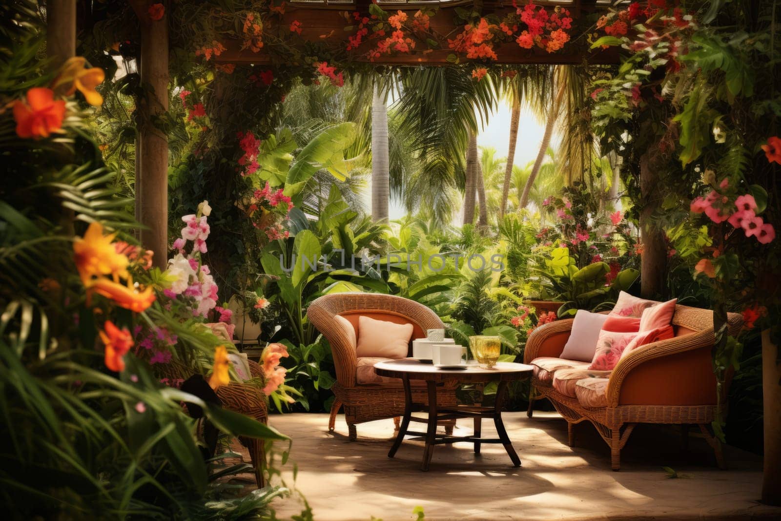 A tropical garden oasis with glasses of rum punch. Generative AI