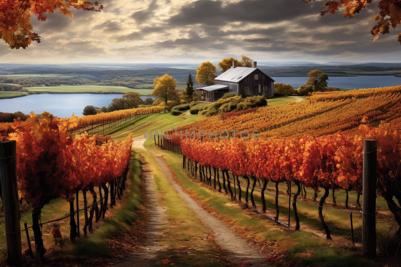 Vineyard Adorned in Autumn Foliage. Generative AI
