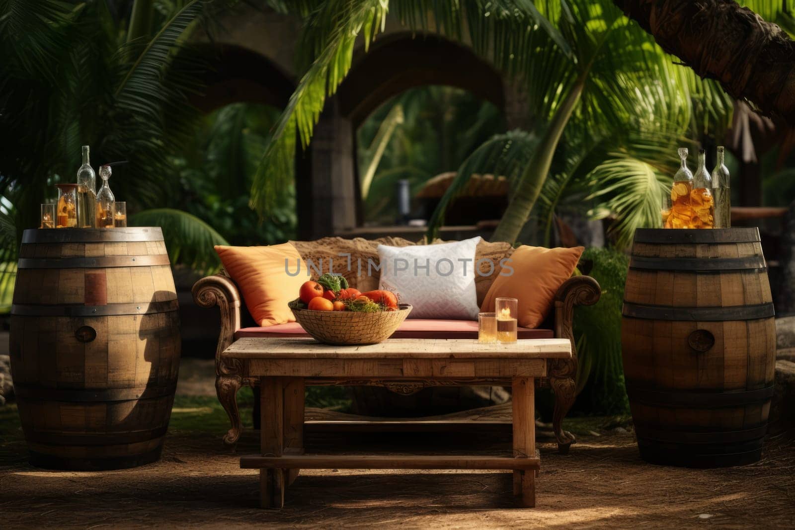 A rustic outdoor setting with a wooden barrel and glasses of rum punch. Generative AI