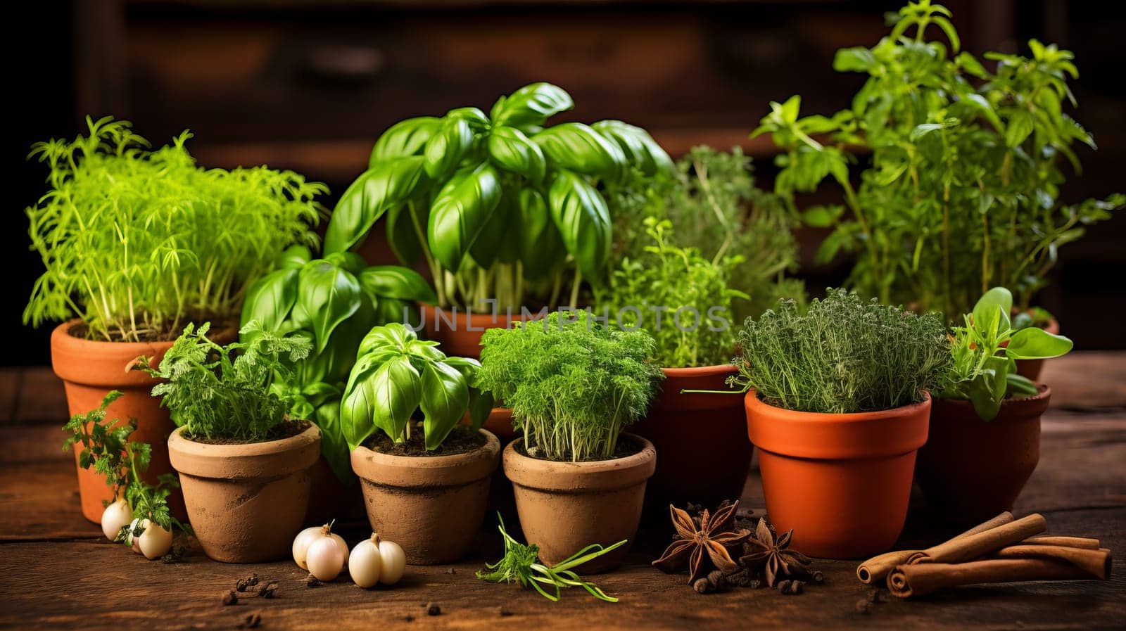 A vibrant array of fresh herbs and spices in small clay pots. Generative AI