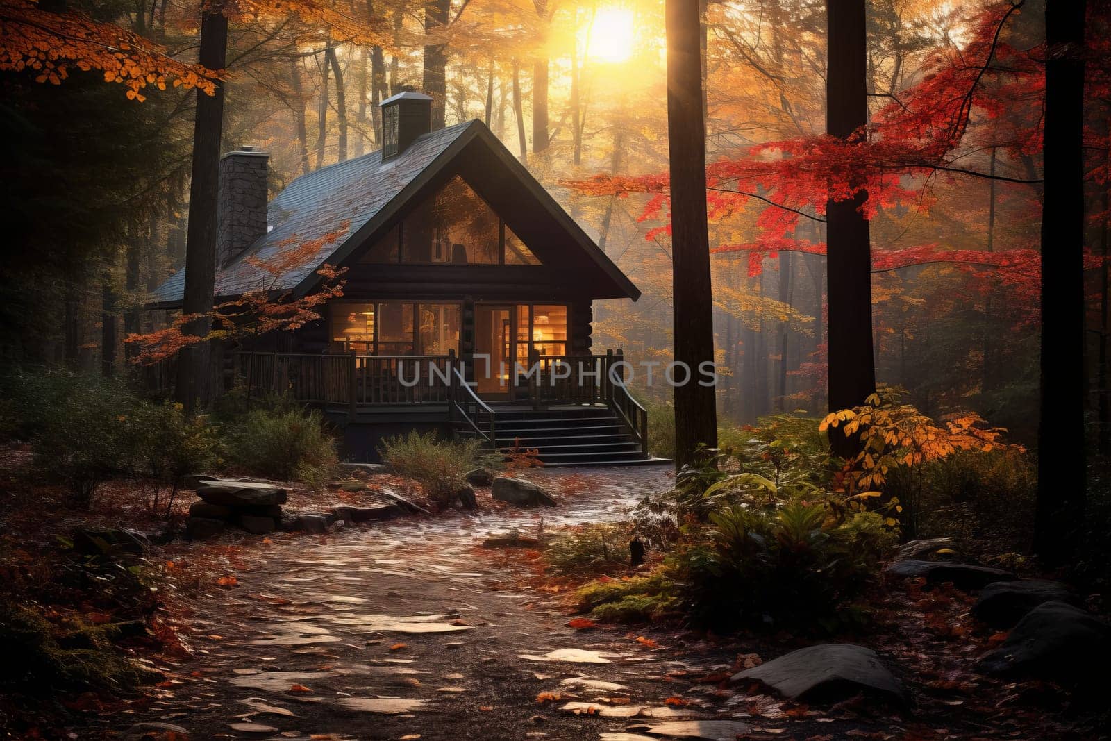 Secluded Cabin Amidst Autumn Colors. Generative AI