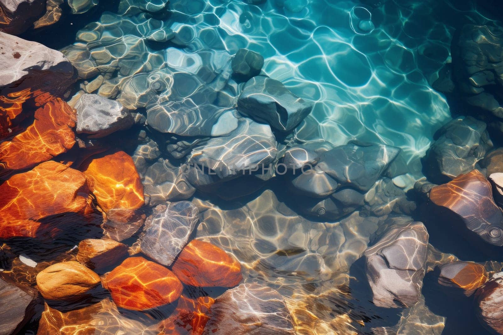 Water patterns with rocks beneath the clear surface. Generative AI