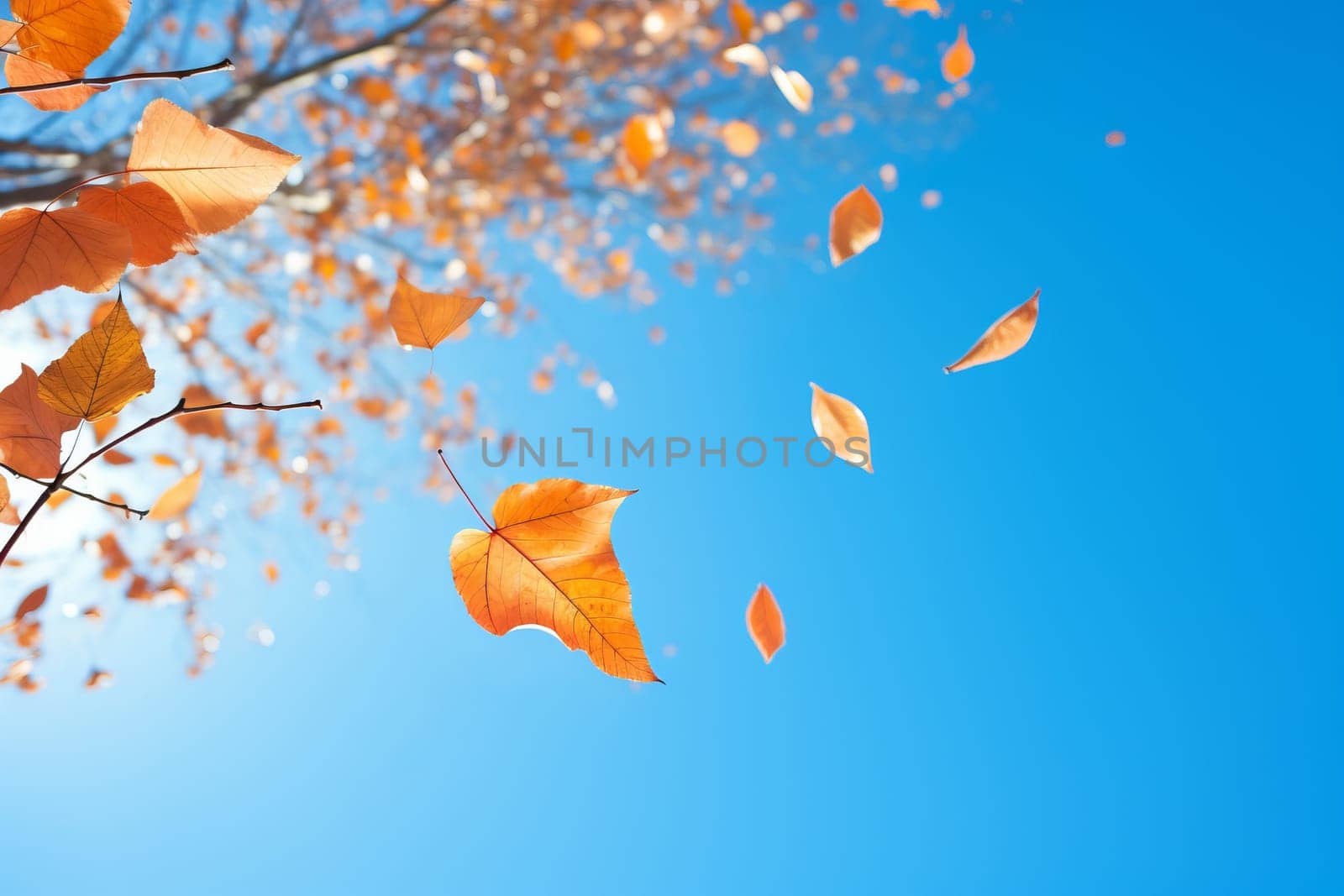 Falling Leaves Against Blue Sky. Generative AI