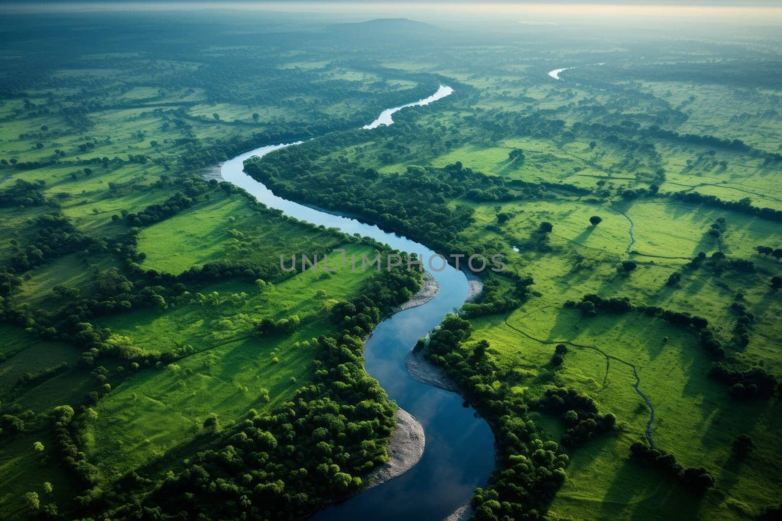 Winding river cutting through lush farmland. Generative AI