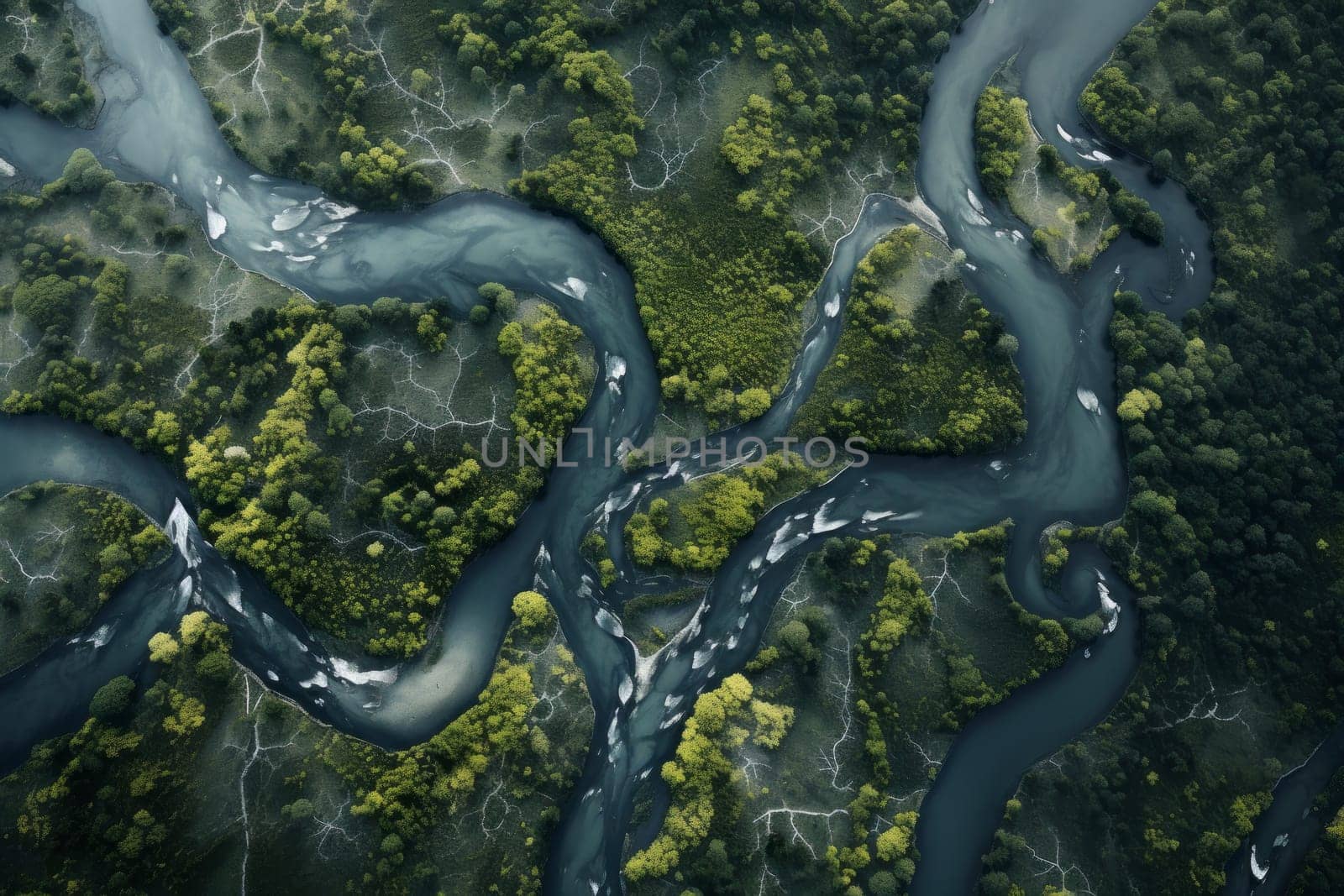 Aerial view of a winding forest river. Generative AI