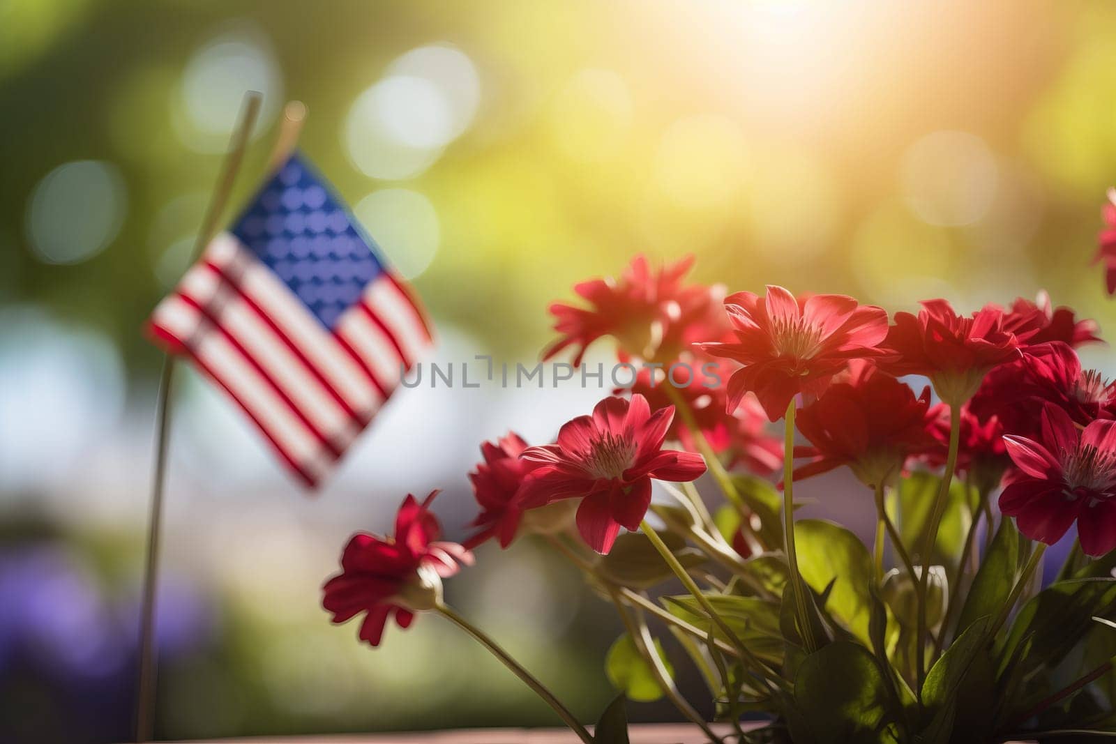 An American flag displayed next to a row of patriotic flowers. Generative AI