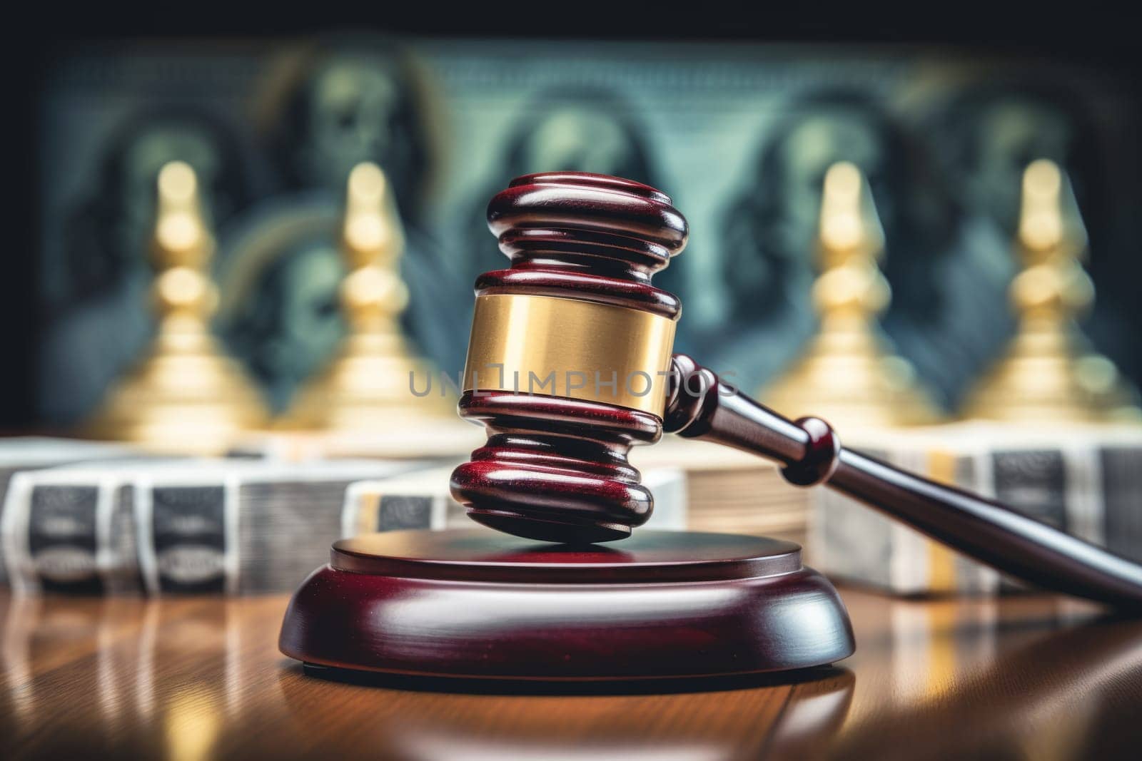 Judge's gavel on a wooden table. Generative AI