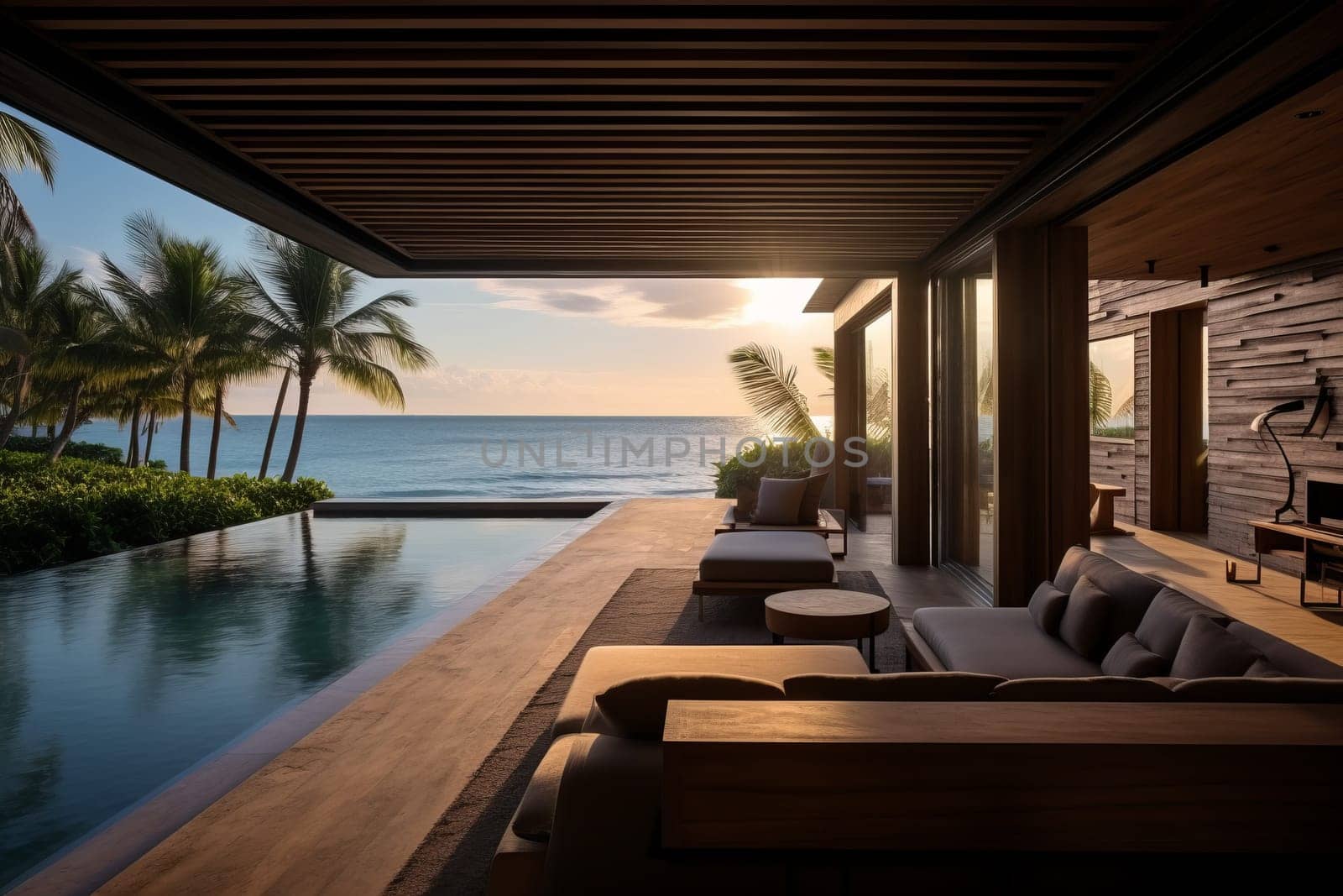 Beach House Sanctuary with Private Pool. Generative AI