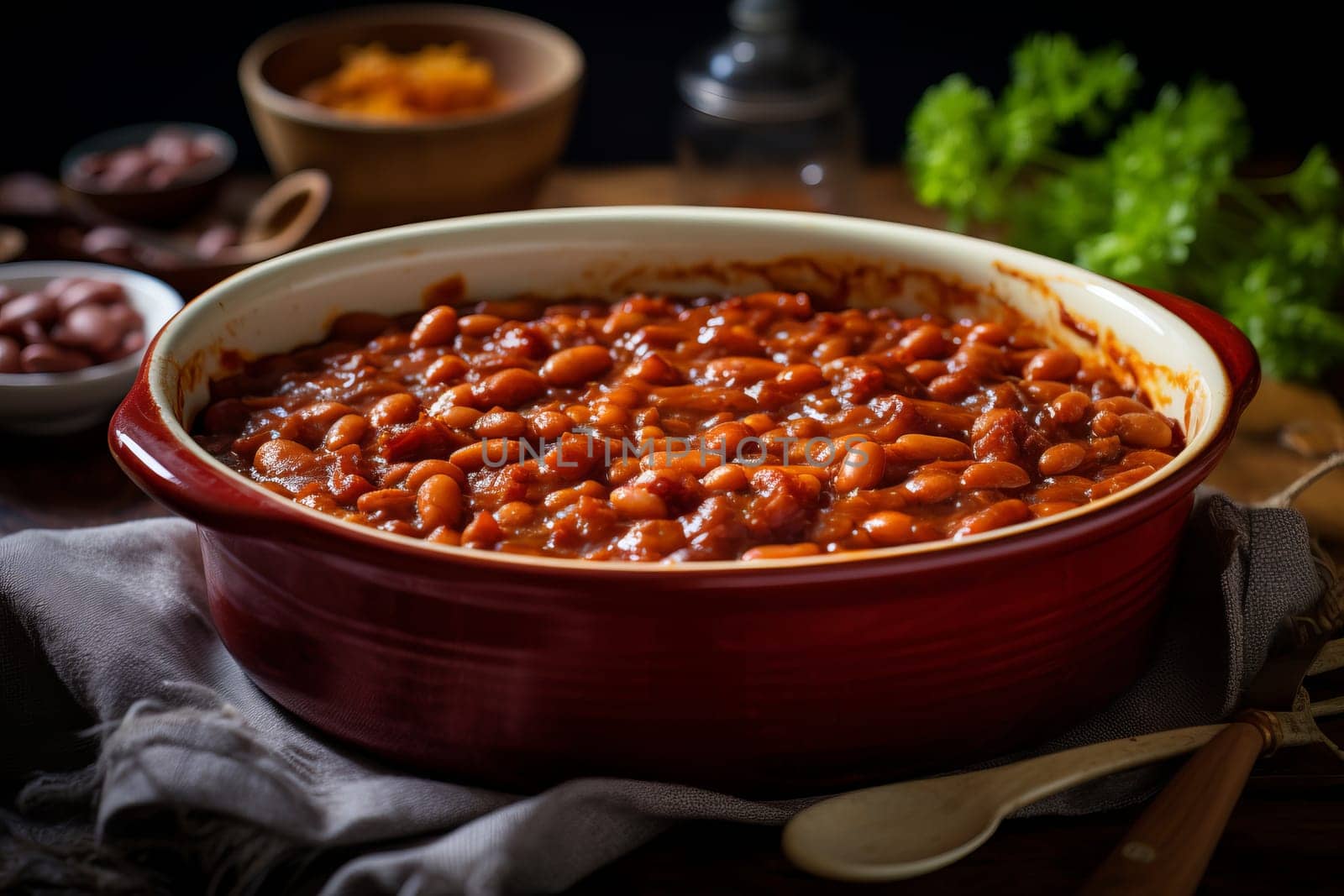 Baked beans with chunks of smoky bacon. Generative AI