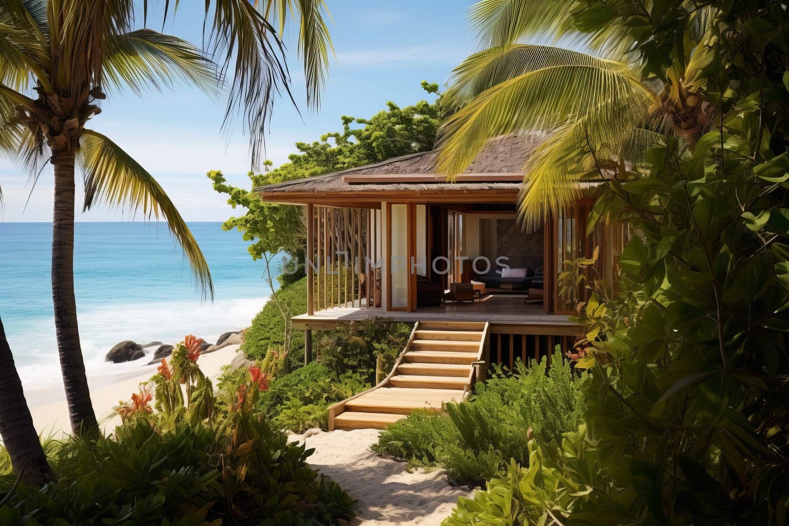 Beach House Hideaway with Azure Waters. Generative AI
