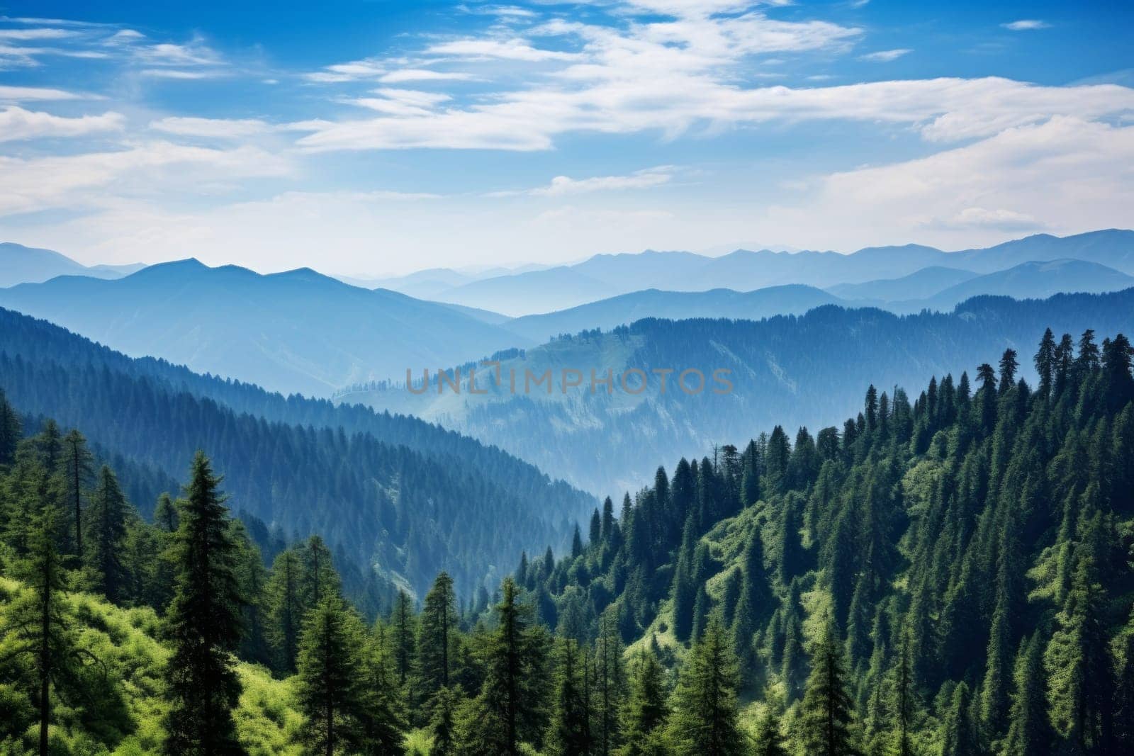 Breathtaking panoramic view of a vast forested mountain. Generative AI