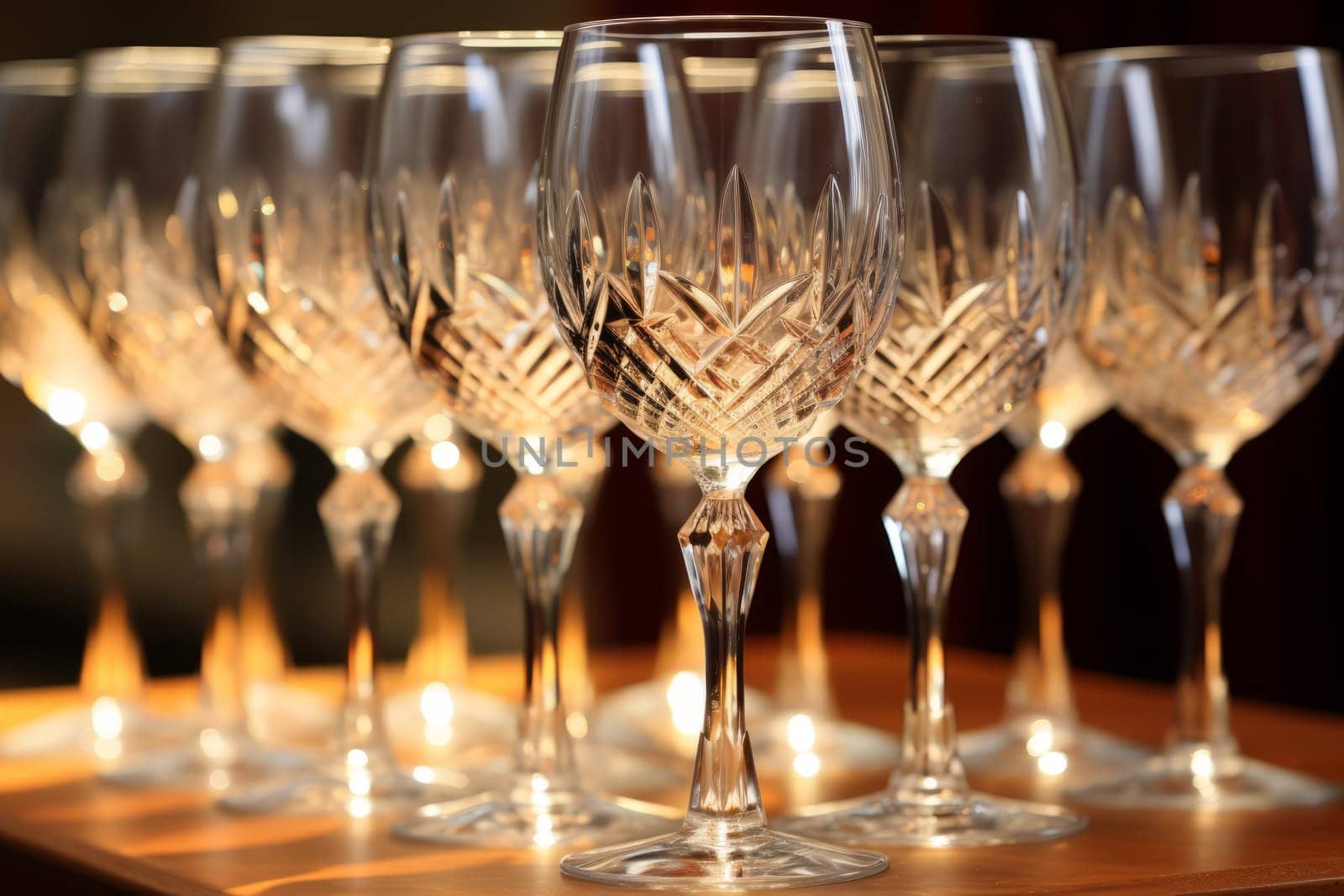 Table set with a row of elegant wine glasses. Generative AI