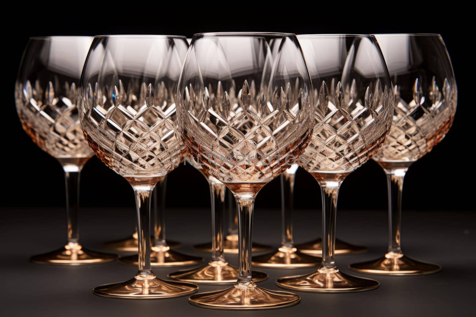 Group of wine glasses sitting on top of a table. Generative AI