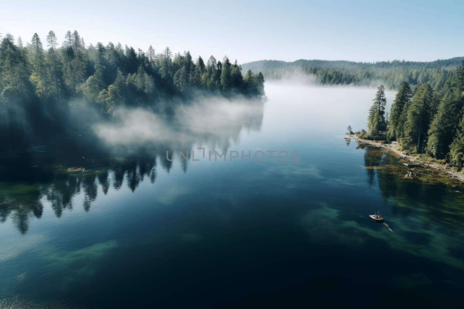 Aerial shot of a tranquil lake. Generative AI
