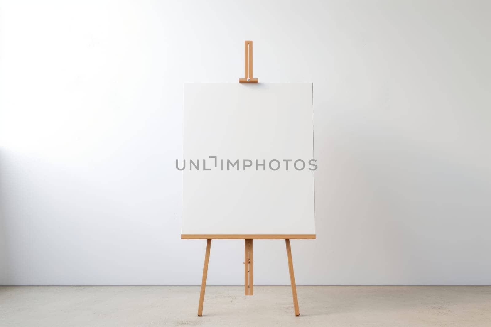 Wooden easel with a white canvas on it. Generative AI