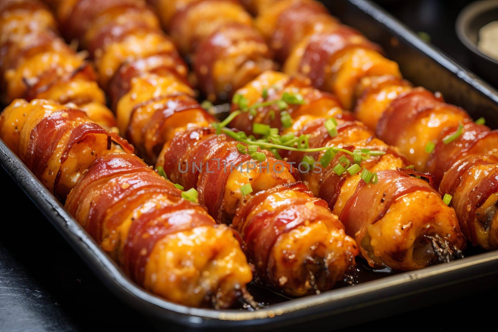 Close up of bacon wrapped tater tots. Generative AI