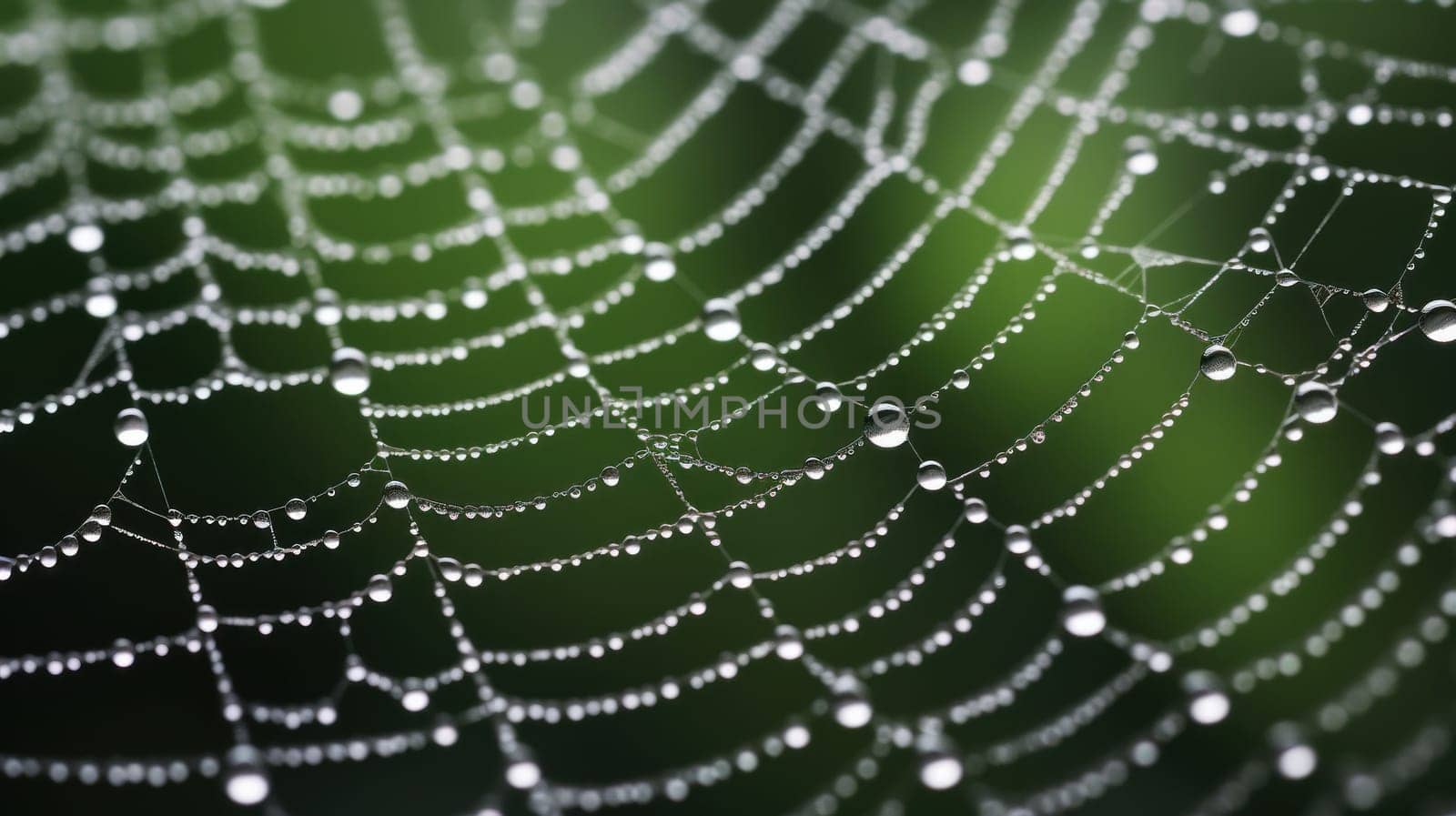 Close up of a spiderweb adorned with dewdrops. Generative AI