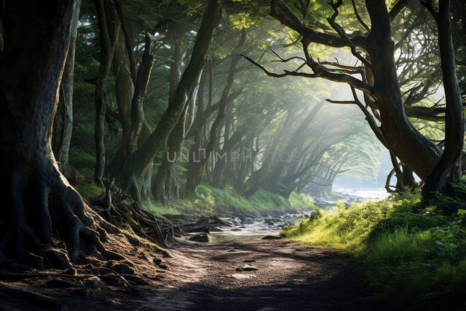 Sunlit Coastal Forest Landscape. Generative AI