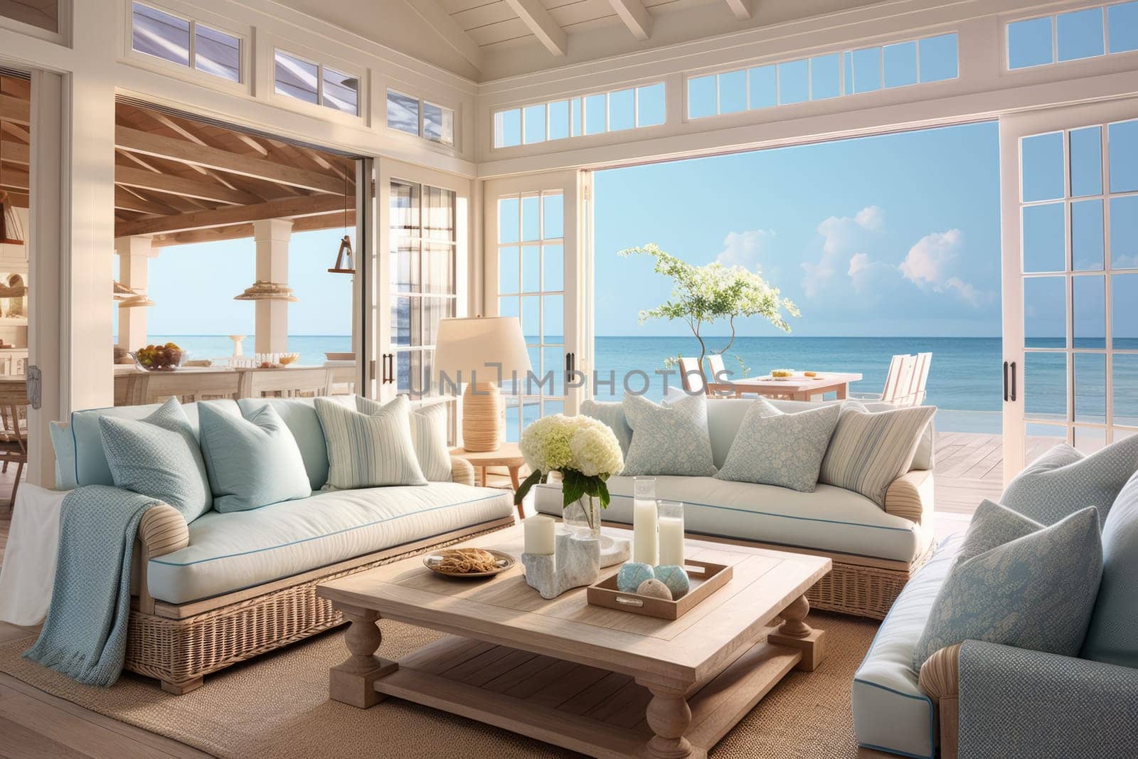 Living room filled with furniture and a view of the ocean. Generative AI