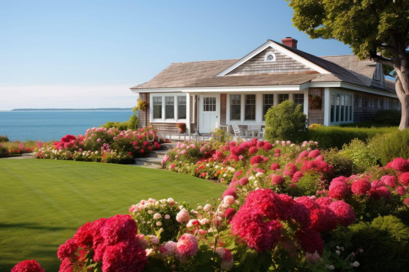Coastal Charm: Beach House Among Flowers. Generative AI