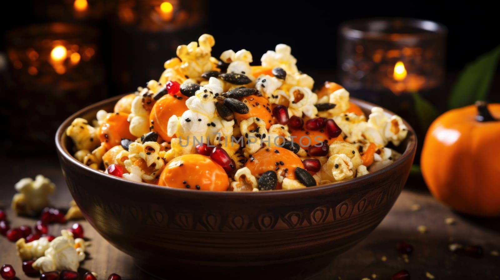 Halloween inspired popcorn, with orange and black sprinkles. Generative AI