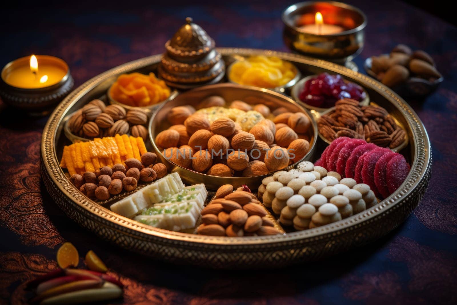 Platter filled with different types of Indian food. Generative AI