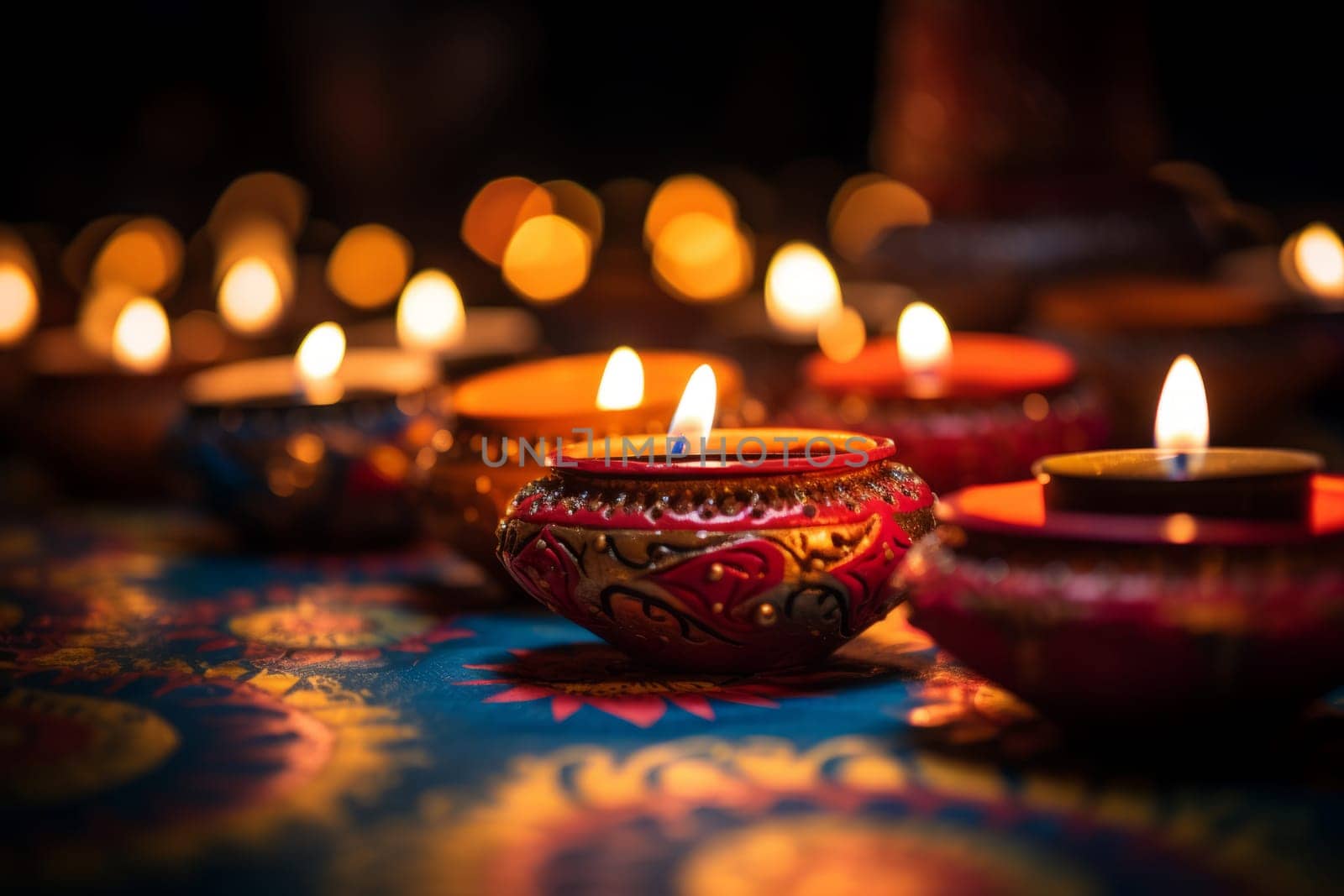 Group of lit candles sitting on top of a table. Generative AI
