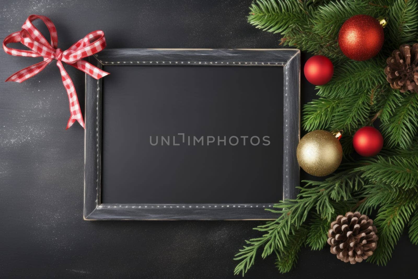 Blackboard with a bow and christmas decorations. Generative AI