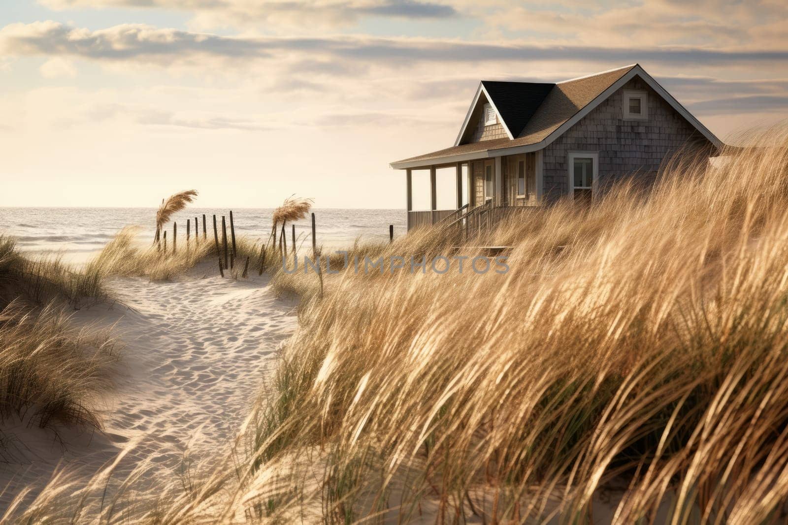 Cozy beach cottage nestled among sand dunes. Generative AI
