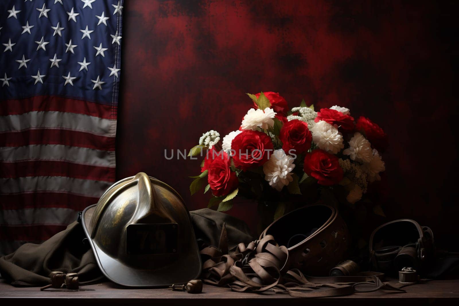 An American flag backdrop accentuating a firefighter's helmet. Generative AI