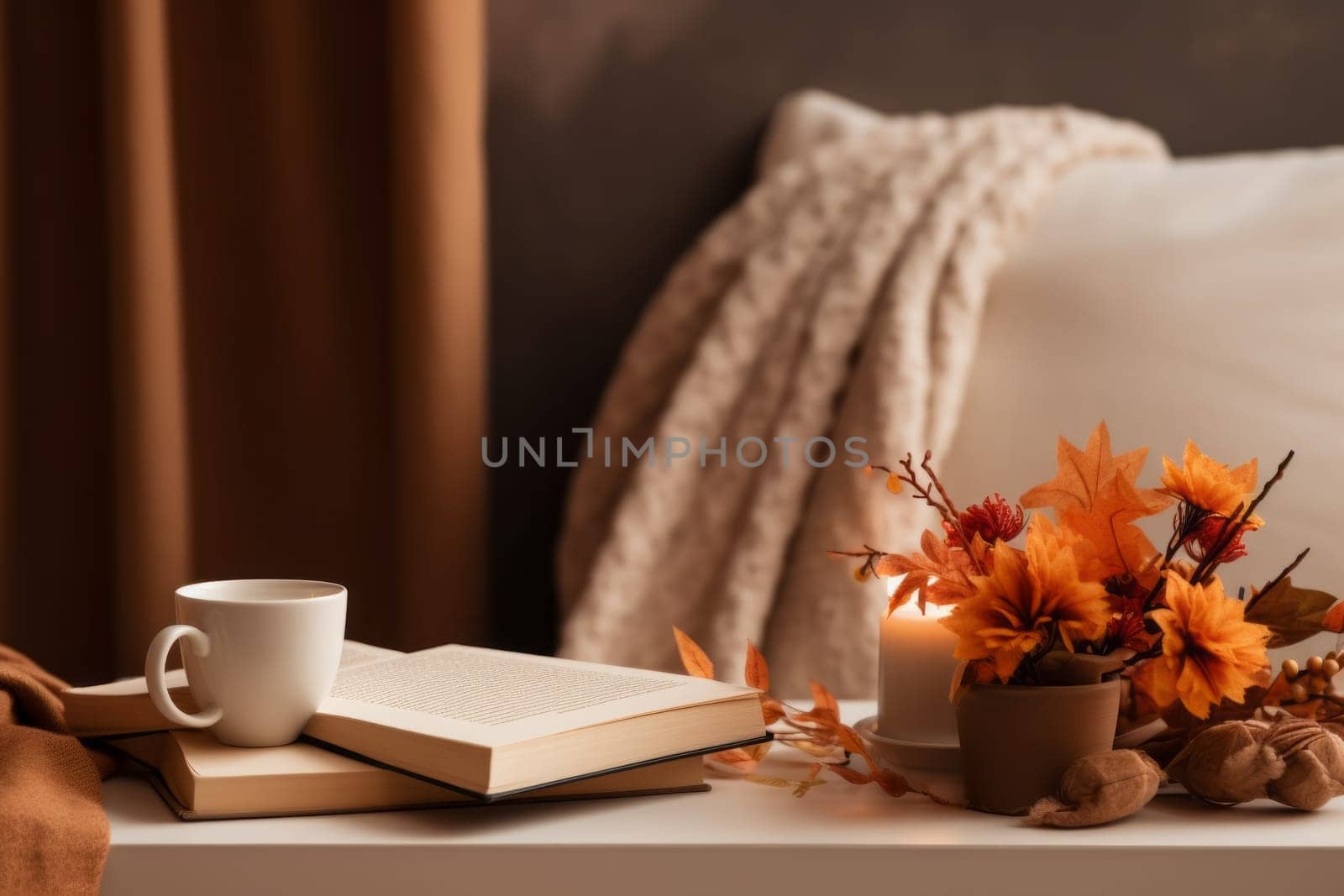 Cozy Living Room with Tea and Book. Generative AI