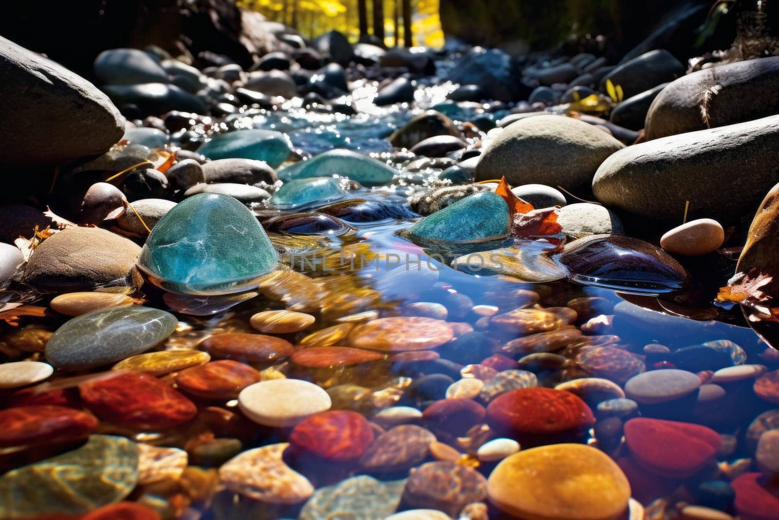 Stream flowing over colorful pebbles in a forest. Generative AI