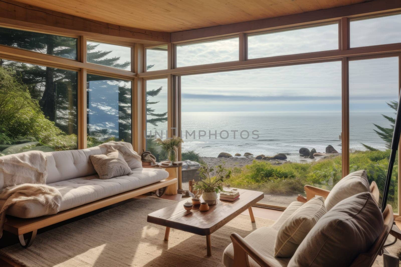 Spacious living room with a breathtaking ocean view. Generative AI