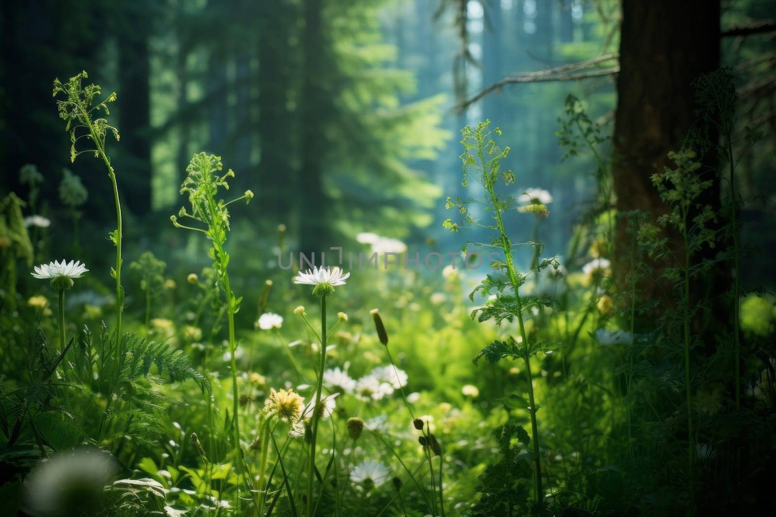 Delicate Wildflowers in Verdant Forest. Generative AI