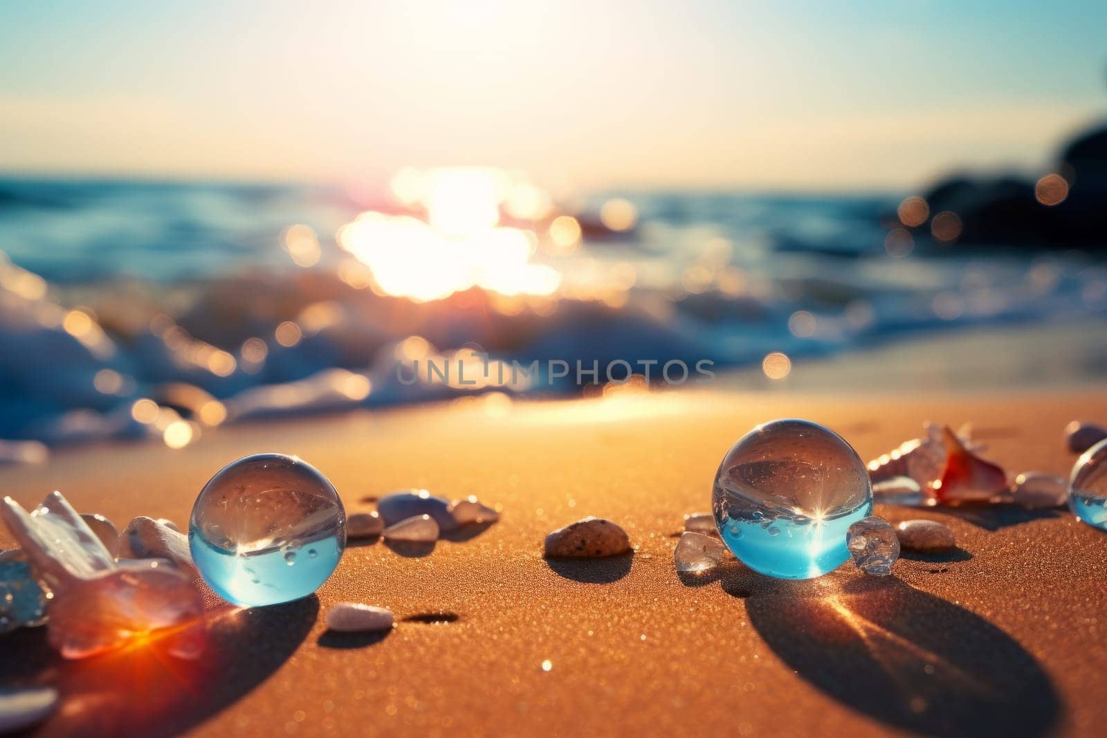 Collection of colorful glass balls on a sandy beach. Generative AI