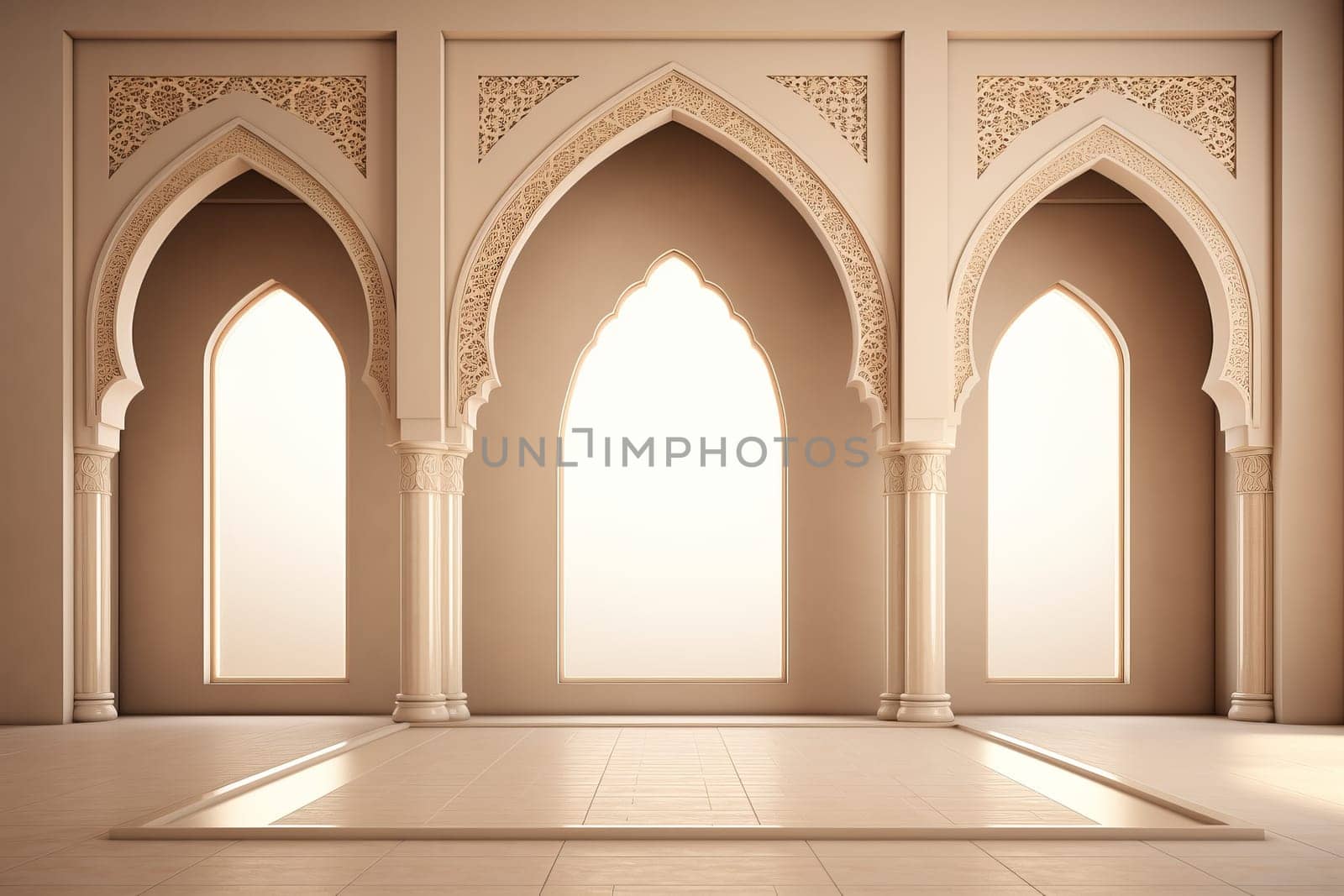 Empty room with arches and windows. Generative AI
