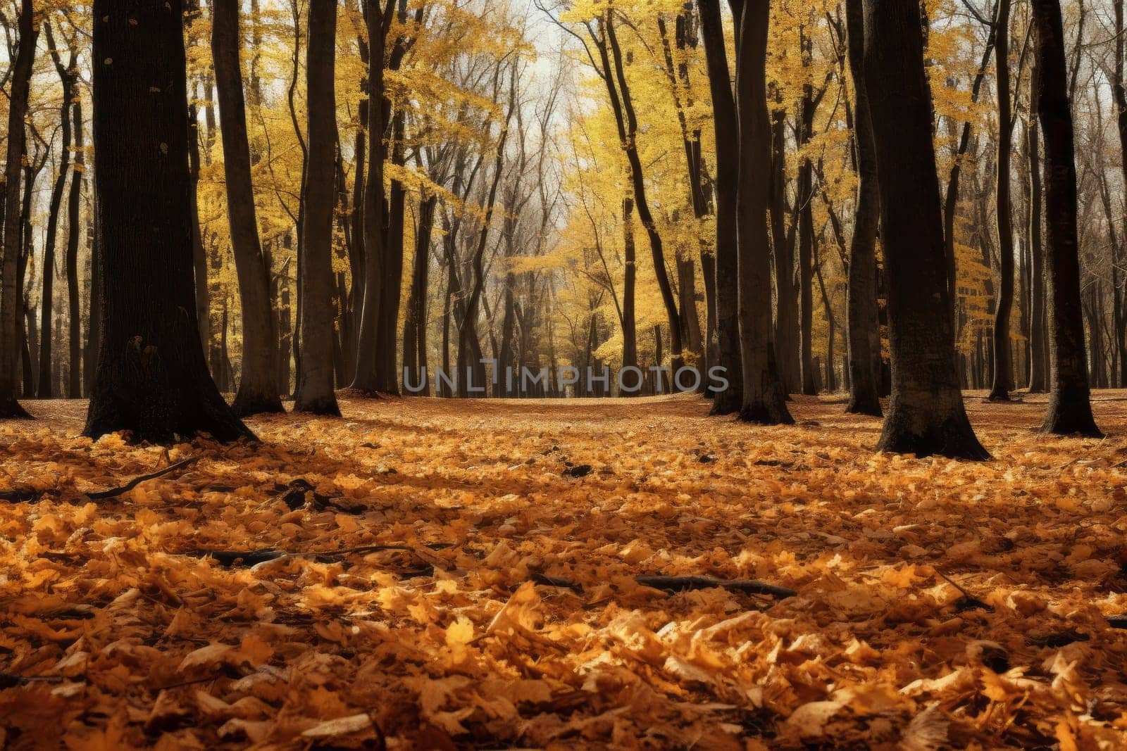 Dense Forest Carpeted with Fallen Leaves. Generative AI