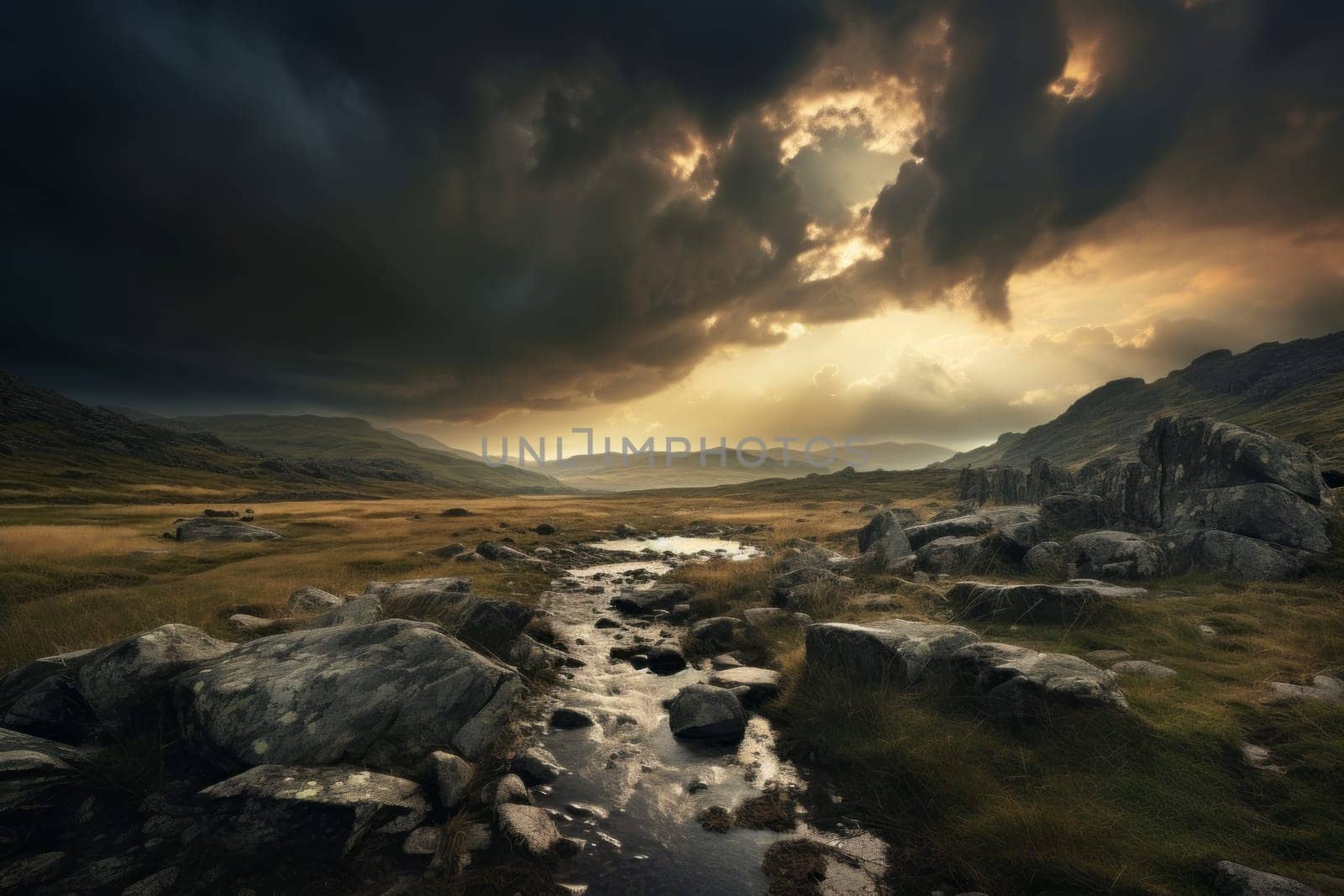 Stream running through a lush green valley under a cloudy sky. Generative AI