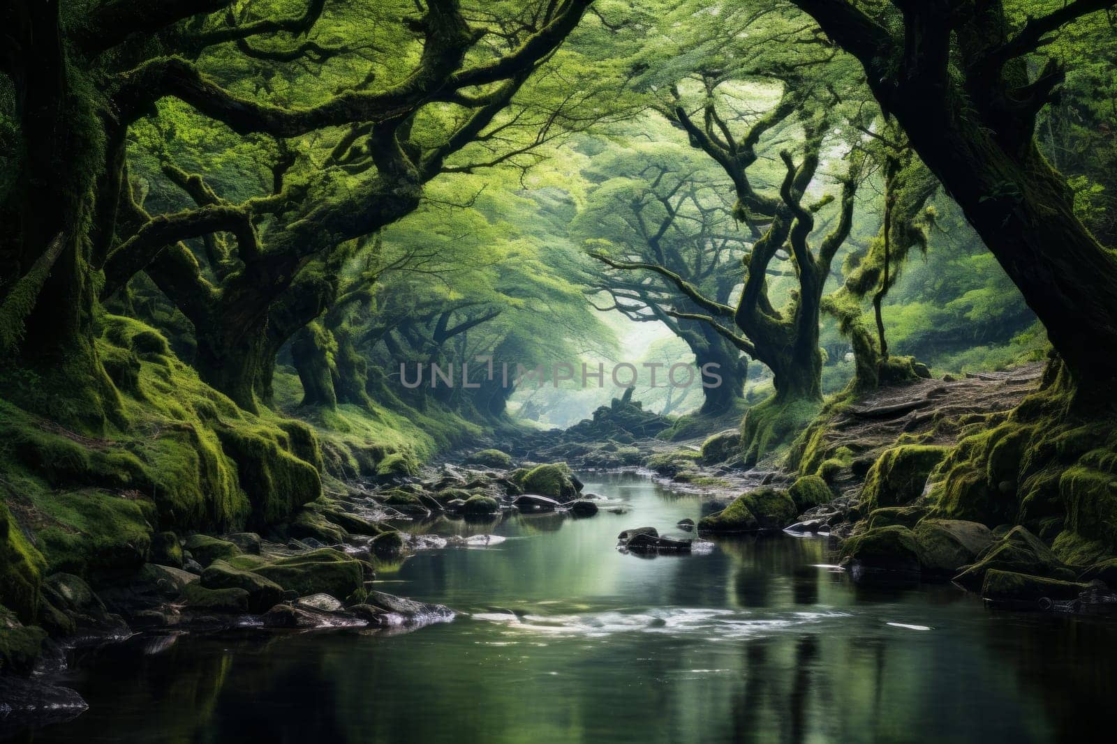 Enchanted Forest with Winding Stream. Generative AI