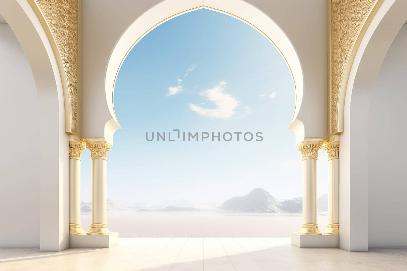 Arch with a view of the sky and clouds. Generative AI
