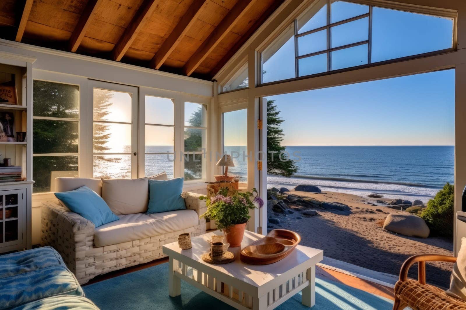 Living room with a view of the ocean. Generative AI