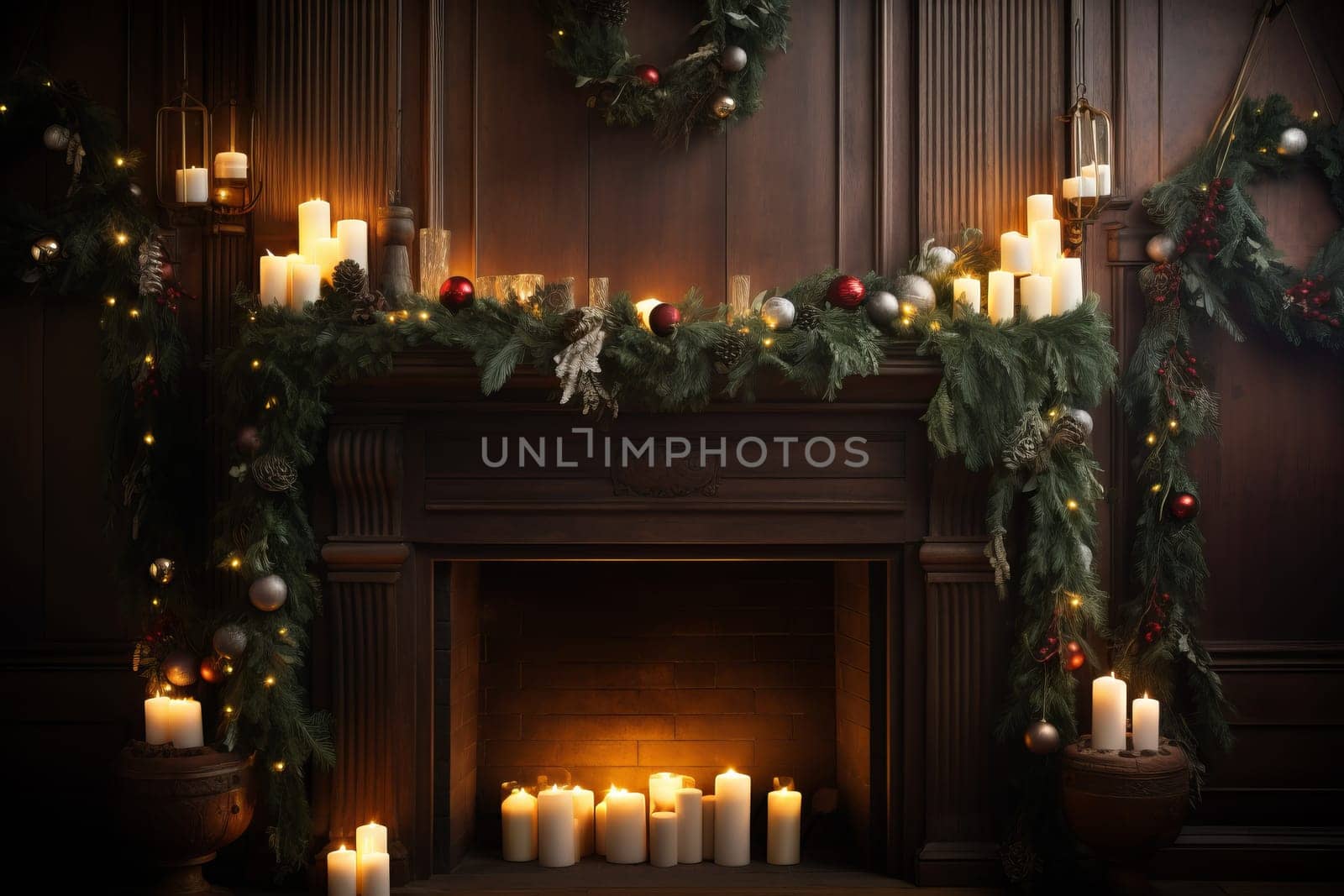 Cozy fireplace with a warm glow. Generative AI
