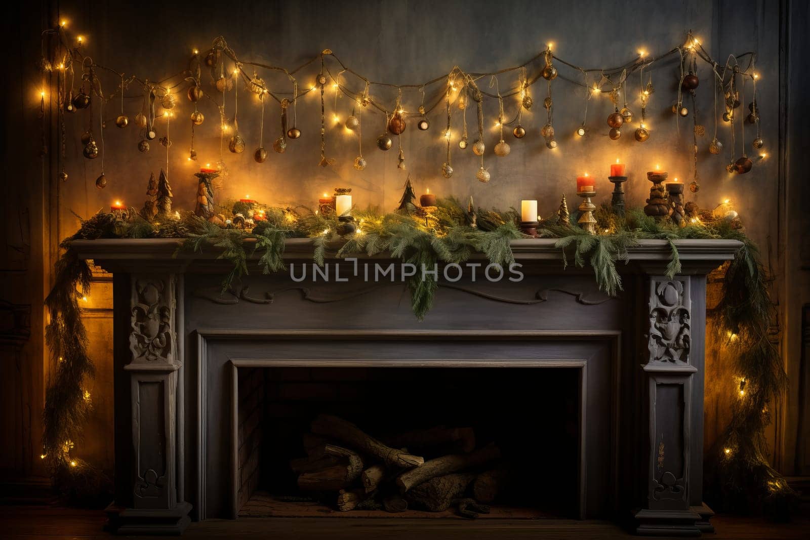 Fireplace decorated with christmas lights and greenery. Generative AI