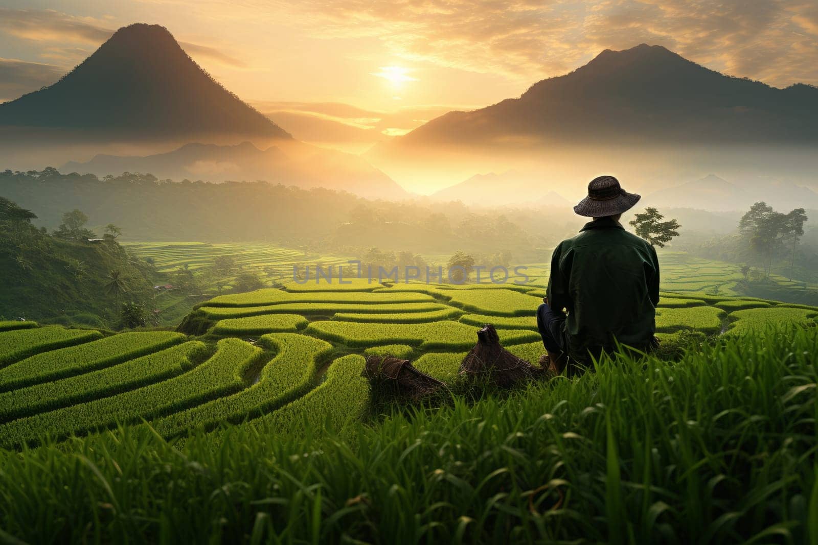 Farmer taking a moment to admire the beauty. Generative AI