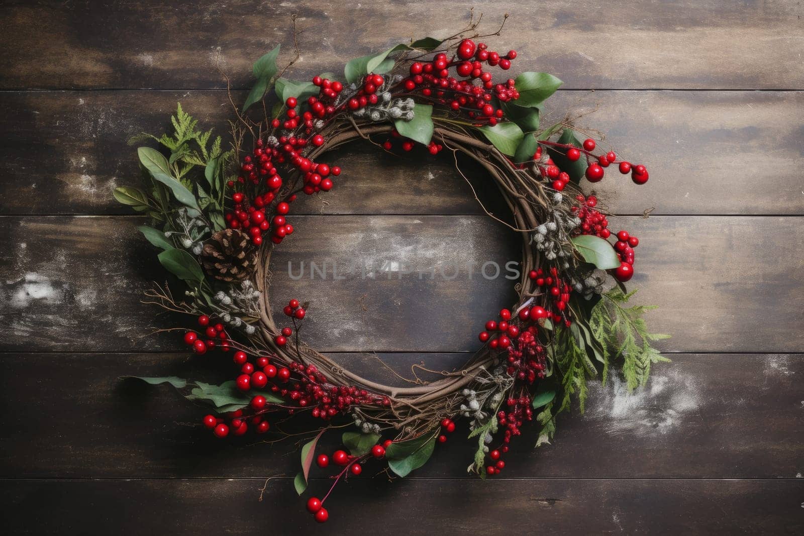 Christmas holiday wreath-making flatlay. Generative AI